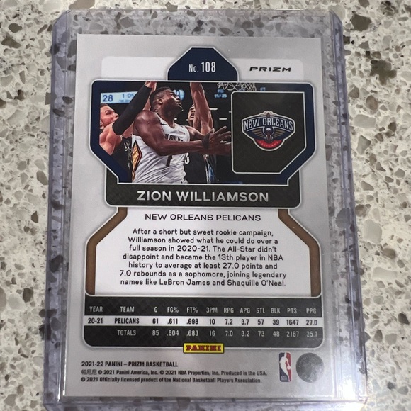 ZION WILLIAMSON SILVER PRIZM CARD PANINI NO.108 NBA PELICANS 2021-2022 - Picture 2 of 4